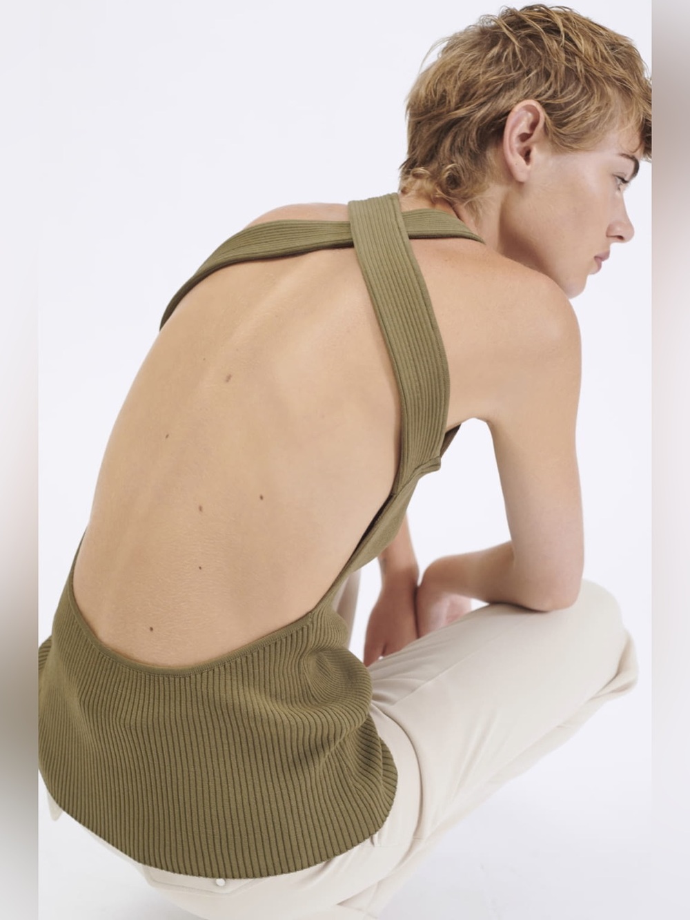 Barbara Bui NWT Ribbed Cross Back Long Tank Small Olive Green SS21